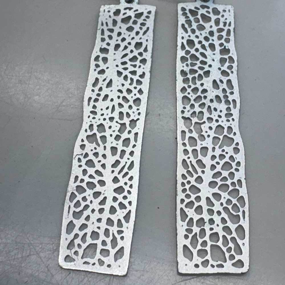 Long Silver Rectangle Filigree Drop Earrings Skel… - image 6